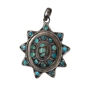 Vintage Silver Starburst Dharmachakra Pendant Turquoise Stones 1.5" Star
